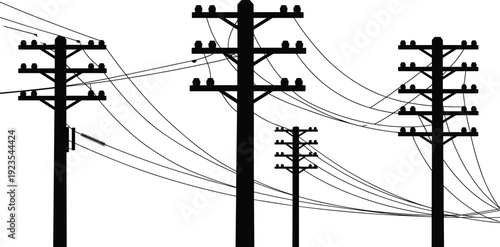 Electric utility poles silhouette illustration, overhead power transmission lines network, high voltage energy distribution infrastructure concept