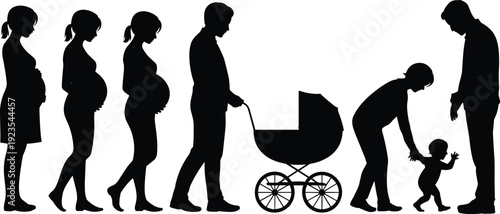 Family life cycle silhouette illustration, pregnancy stages to parenthood journey, newborn stroller toddler first steps growth concept