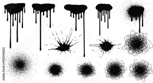 Collection of diverse black paint splatter drip grunge texture elements perfect for graphic design overlays and artistic distressing effects