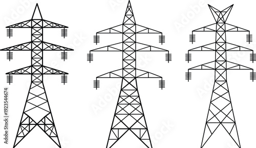 High voltage transmission towers silhouette set, electric power grid infrastructure collection, industrial energy distribution network concept