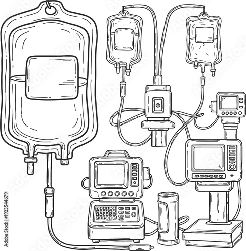 Hand drawn sketch of medical iv bags and patient monitor equipment line art vector illustration