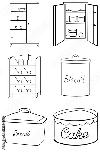 Kitchen storage containers and cabinet black outline set