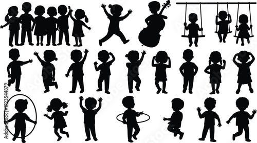 Kids playing silhouette collection, children dancing jumping swinging and music fun, happy childhood activity concept