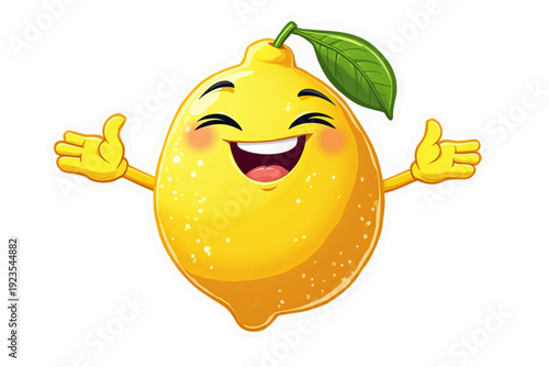 A cheerful yellow character with a leaf on its head and arms raised in joy. isolated on transparent background