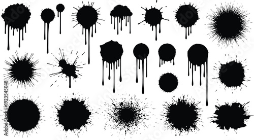 Collection of diverse black ink splash and dripping paint splatters isolated on white background representing grunge and artistic messiness