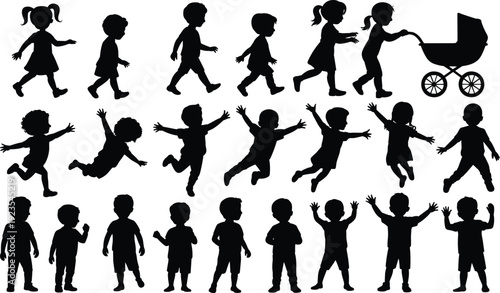 Kids walking and jumping silhouette collection, children playing running with baby stroller, happy childhood growth concept