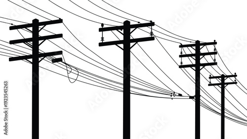 Overhead electric power poles silhouette illustration, high voltage transmission cables network, industrial energy distribution infrastructure concept