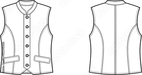 Technical CAD drawing of sleeveless buttoned vest front and back view flat vector illustration template design