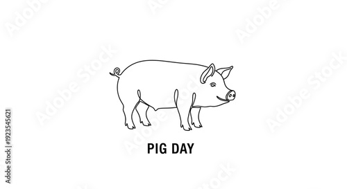 Minimalist black and white line art illustration featuring a charming pig, ideal for designs related to farm animals, agriculture, food production, or children's themes