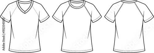 Technical CAD drawing of short sleeve raglan V neck and crew neck t shirt front back view template