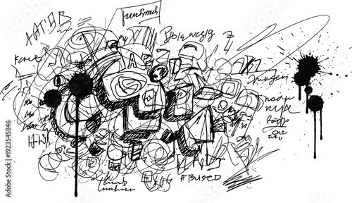 Abstract black and white graffiti style scribble art features chaotic overlapping lines thick ink splatters and illegible handwritten characters creating a dynamic underground aesthetic