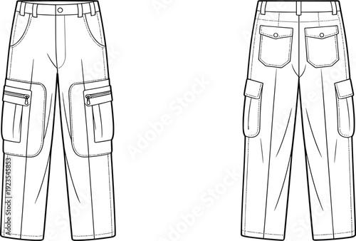 Technical CAD drawing of wide leg cargo pants front and back view flat vector illustration template
