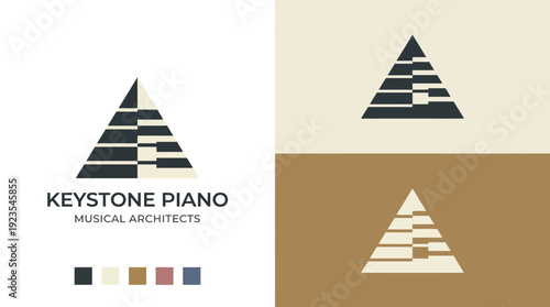 An innovative piano logo in a triangular geometric format, representing a unique blend of music and architecture, showcasing creativity and design in harmony.