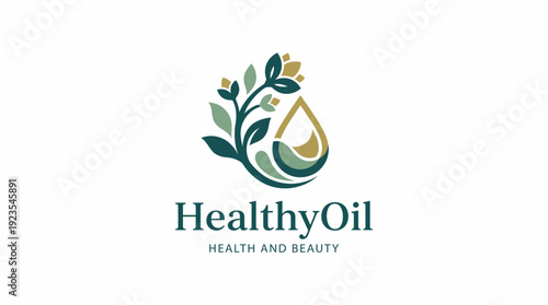 This vibrant logo combines natural elements, a drop of oil, and floral motifs to showcase a healthy oil brand focusing on wellness and beauty in a fresh and appealing manner.