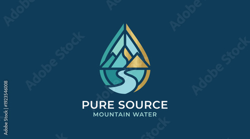 This logo features a droplet shaped like a mountain landscape, symbolizing pure water sources and appealing to brands related to natural beverages or water products.