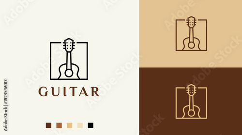 This logo presents a guitar illustration framed elegantly in earthy colors, symbolizing musical creativity and passion, perfect for any music-related business or brand.