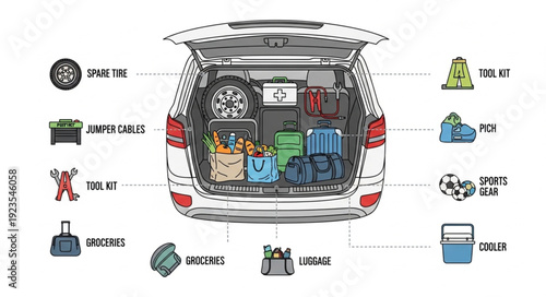 Car Trunk Organized with Emergency Supplies.