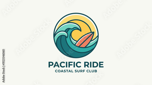 A vibrant logo depicting waves and surfboards under the sun, embodying the spirit of surfing culture and coastal adventure, perfect for water sports enthusiasts.
