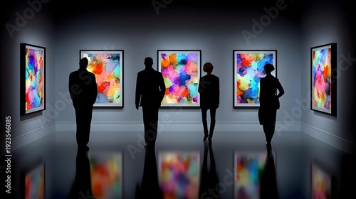 hall with large screens showcasing colorful generative art and people silhouetted against the light