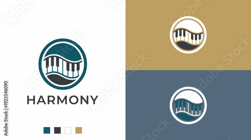 This logo design combines a circular shape with piano keys against a wave backdrop, symbolizing the flow of music and the harmony it brings to life.