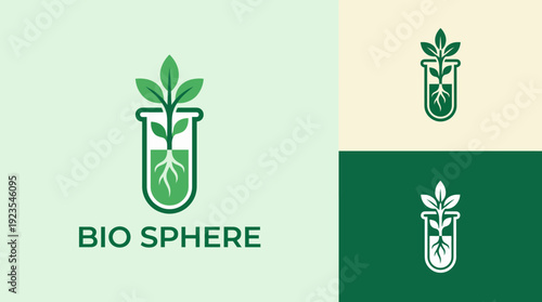 This logo combines a test tube with emerging plant roots, symbolizing innovation in sustainable practices and biological growth, perfect for an eco-friendly brand.