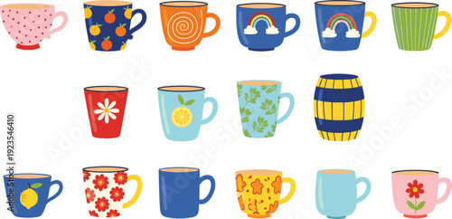 PrintCollection of Colorful Hand Drawn Ceramic Coffee Mugs and Tea Cups with Floral Fruit Rainbow and Polka Dot Patterns for Kitchen Cafe and Home Decor Designs