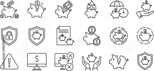 Flat Vector Icon Set for Personal Finance Savings and Money Management Featuring Piggy Banks Wallets Coins and Financial Growth Symbols for Apps and Websites