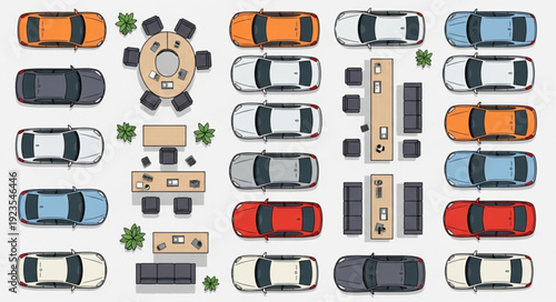 Overhead view of various cars and office furniture arrangement.