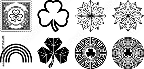 irish shamrock and ornamental celtic rosette symbol set with rainbow geometric mandala and decorative black outline vector icons collection
