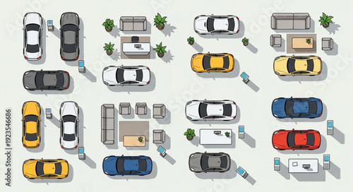 Overhead view of various cars and furniture arrangements, top-down perspective.
