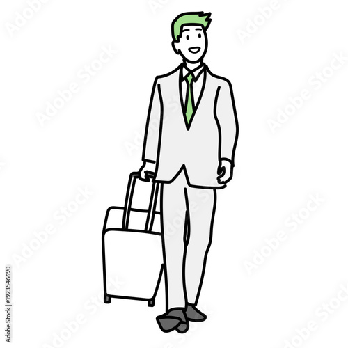 出張のためにスーツ姿でキャリーバッグを引きながら笑顔で軽快に歩くビジネスマン｜旅行やビジネスシーンの移動をイメージしたシンプルなベクターイラスト