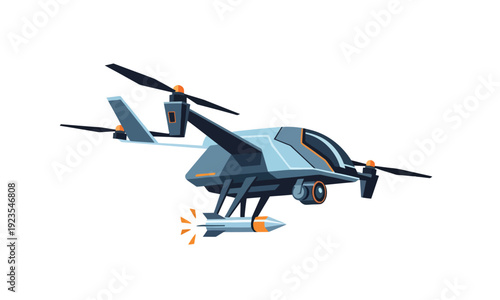 Advanced unmanned aerial vehicle illustration depicting futuristic military or surveillance technology with an integrated weapon system for tactical operations and strategic defense