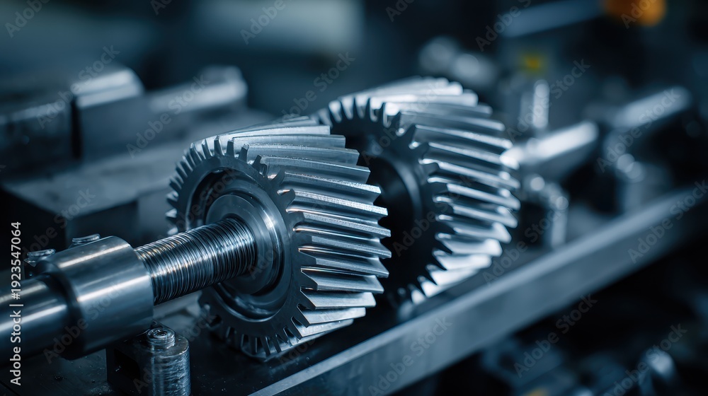 Fototapeta premium Close-up View of Precision Metal Gears in a Modern Industrial Machinery Setting, Showcasing Intricate Design and Engineering Excellence