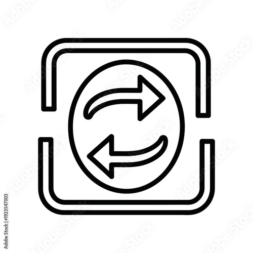 A minimalist black icon featuring two curved arrows within a circular outline, enclosed in a square frame with rounded corners, on a clean white background.