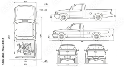 Car Technical Drawing Multiple Views.