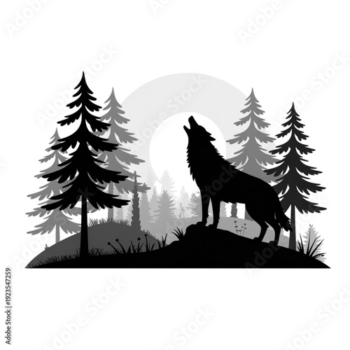 Wolf howling silhouette in pine forest with full moon, wilderness nature landscape for outdoor adventure design