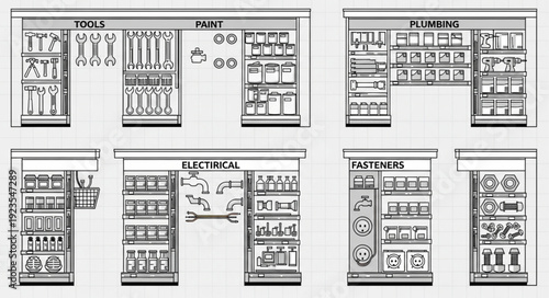 Detailed illustration of various tools, food, and other items displayed on shelves in a store.