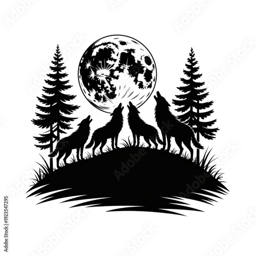 Pack of wolves howling at the moon vector, wildlife silhouette scene with pine trees for wilderness and adventure branding