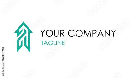 Modern minimalist graphic representing a stylized house or building with an upward arrow, symbolizing growth, property development, and future success in real estate business