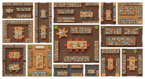 Detailed top-down view of various dining room layouts and restaurant designs.
