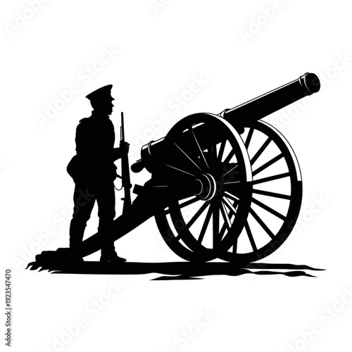 Historical soldier with cannon vector illustration, vintage military artillery silhouette for heritage and memorial design