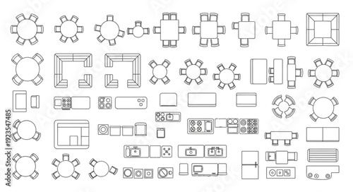 Architectural floor plan layouts showcasing various furniture arrangements and room designs for interior planning.