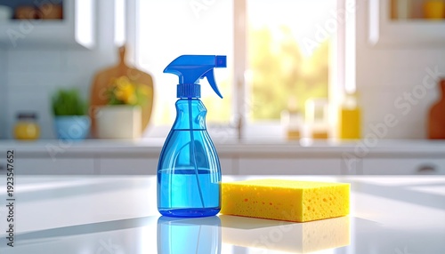 Spray bottle and sponge sit on a kitchen counter in bright sunlight