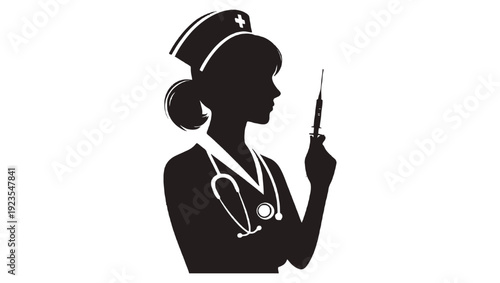 Silhouette of a nurse holding a syringe representing healthcare and medical professionals