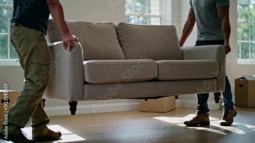 Two professional movers carrying a sofa into a new home with moving boxes, relocation and delivery service.