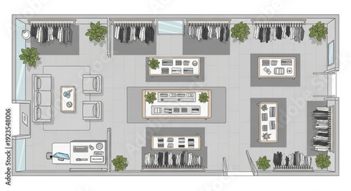 Retail store interior design with clothing racks and display tables for shopping.