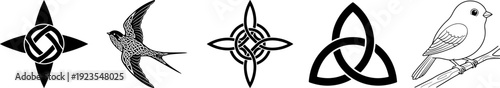 set of black nautical and celtic symbol icons including compass rose swallow bird triquetra knot and minimalist tattoo style vector silhouettes