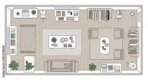 Top-down view of a modern retail store with various furniture and decor.
