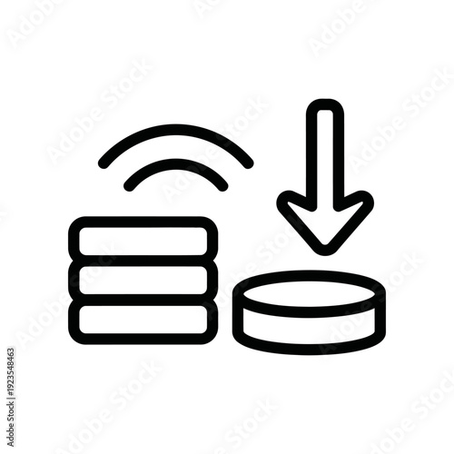 Minimalist black and white illustration of wireless data transfer to external hard drives, symbolizing digital storage, backup, and cloud technology.