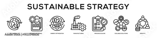  Sustainable Strategy web banner icon vector illustration concept for business with icon of Sustainability, Resource Planning, Energy Optimization, Manufacturing, Process Scaling, Scalable Solutions,.